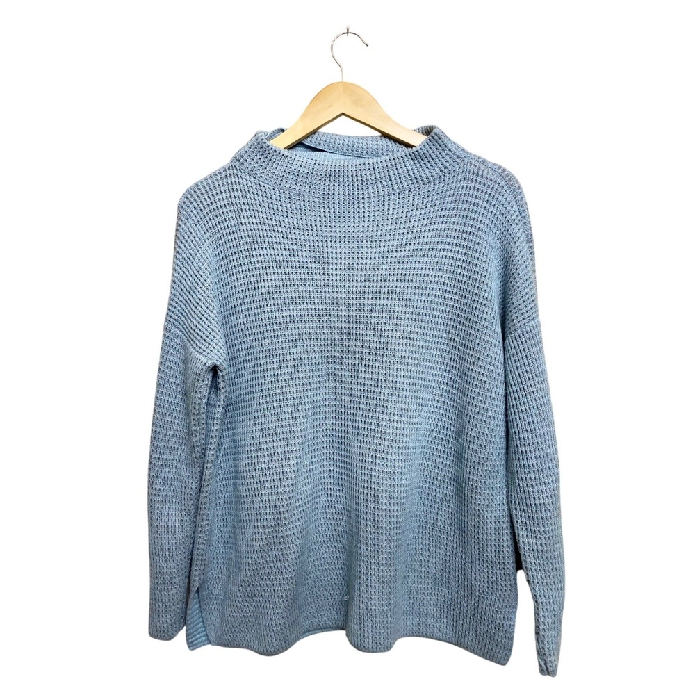 Eileen Fisher Womens XXS Light Blue Waffle Knit Mock Neck Cotton Tencel Sweater